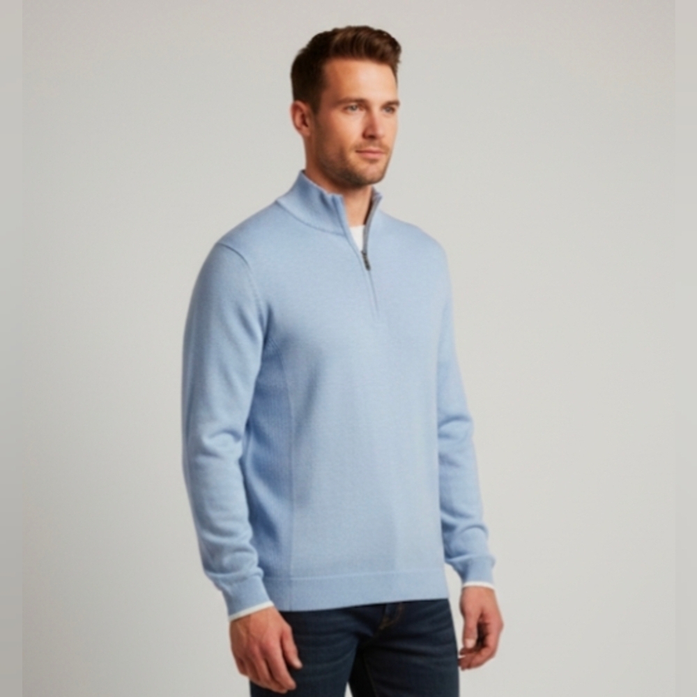 Nwt Alashan Men's Cotton Cashmere Quarter Zip Mock Neck Sweater Light Blue Size